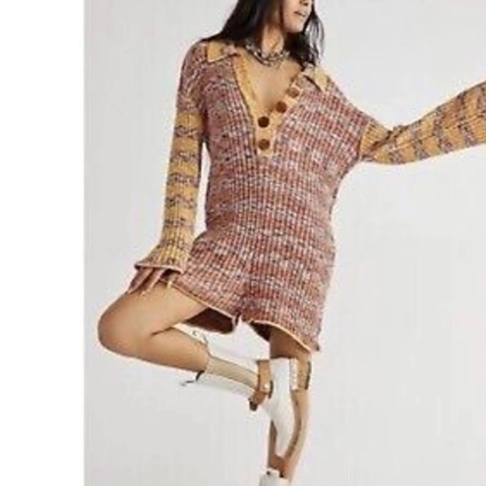 Free People Wendy Ribbed Knit V-Neck Button Romper in Rust and Mustard XS/S